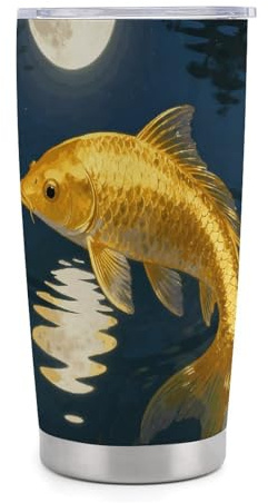 FekiLoot Goldfish Moon Pond 20oz Tumbler with Straw Leakproof Stainless Steel Travel Mug Vacuum Insulated Water Bottle for Women Men Hot & Cold Drinks, Fits Car Cup Holder