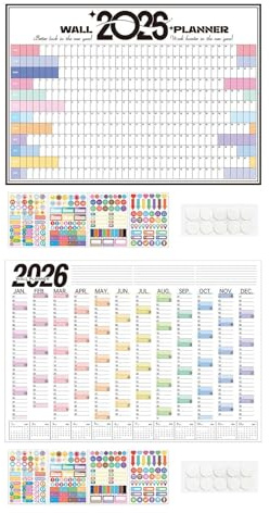Calendario de pared 2026 – Organizador de gráficos anual | 78 g Tablero de planificación de citas en casa | Calendario académico de gran tamaño de papel recubierto Diagrama para Escuela