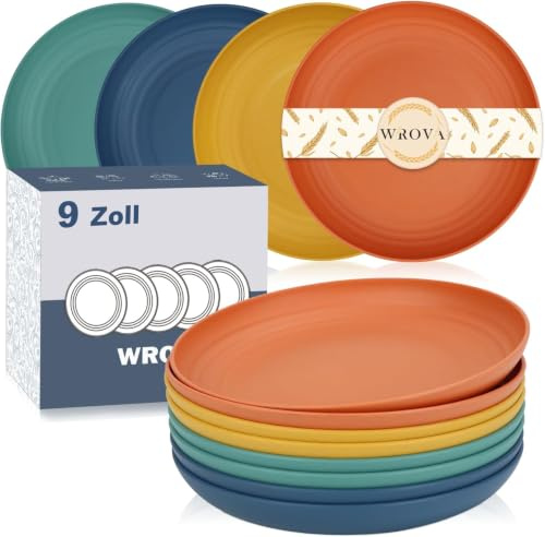 Wrova Wiederverwendbare Plastikteller Essteller set 8 Personen | 22.5 cm Teller Set | Geschirr für Spülmaschine und Mikrowelle, Campingteller, Frühstücksteller, Kuchenteller - Mehrfarbig