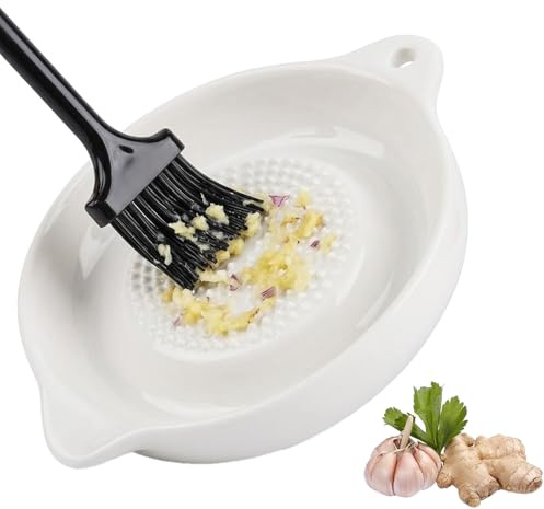 Ceramic Garlic Grater Plate with Mini Cleaning Brush | Multipurpose Ginger & Garlic Grater for Spices, Onion and Chocolate, Easy to Clean Porcelain Shredder, Safe to Use Kitchen