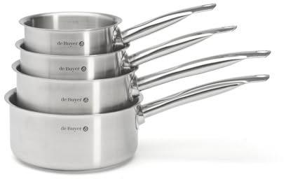De Buyer - Lot de 4 casseroles PRIM'APPETY - 14/16/18/20 cm - Sans PFAS, Inox 18/10 de Qualité Professionnelle, Fond Magnétique Épais pour Cuisson Maîtrisée, Tous Feux + Four, Finition Poli Brossé