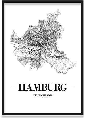 JUNIWORDS Stadtposter, Hamburg, Wähle eine Größe, 21 x 30 cm, Poster mit Rahmen, Schrift A, Weiß