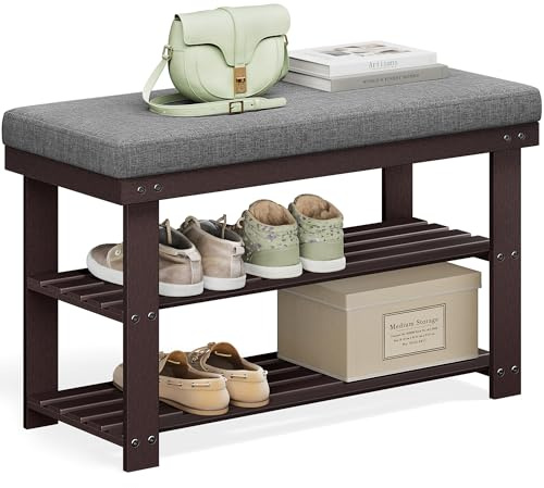 SONGMICS Bamboo Shoe Bench, 3-Tier Shoe Rack, 11.9 x 28.3 x 19.2 Inches