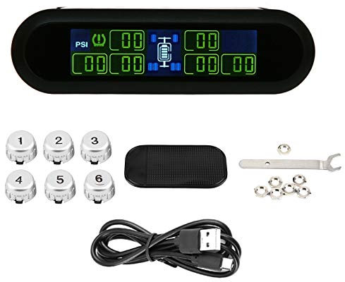 Terisass Reifendrucküberwachungssystem Drahtloser Solar-TPMS-LCD-Monitoralarm mit 6 externen Sensoren für Fast alle Wohnmobile