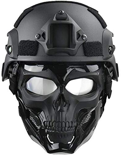 WLXW Schädel-Vollmaske und Fast Taktischer Helm/ACH-Helm Im Mich 2000-Stil Kombiniert Mit NVG-Halterung und Seitenschienen - Airsoft Paintball CS-Spiel Halloween-Horrormaske,Schwarz