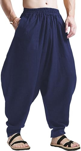 perdontoo Mens Harem Pants Loose Fit Elastic Waist Drawstring Aladdin Hippie Trousers (40, Navy)