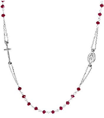 Sinfonie Collana Rosario Girocollo in Argento 925 con Pietre o grani a scelta, Croce e Medaglietta Madonna 47 cm - Made in Italy (Argento/Rosso)