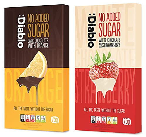 Diablo No Added Sugar Chocolate Bar – 2 Flavour Selection of Dark Chocolate with Orange & White with Strawberry, Sweetened with Stevia, Gluten Free, For Gifts, Birthdays & Hampers, 75g (Pack of 2)