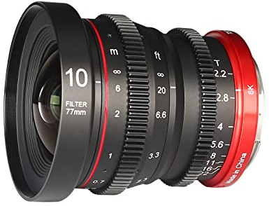 Meike Grand diaphragme T2.2 de 10 mm - Mise au point manuelle - Faible distorsion - Format APS-C S35 - 6K - Mini objectif Prime Cine - Compatible avec les appareils photo Canon RF Mount C70 et Red