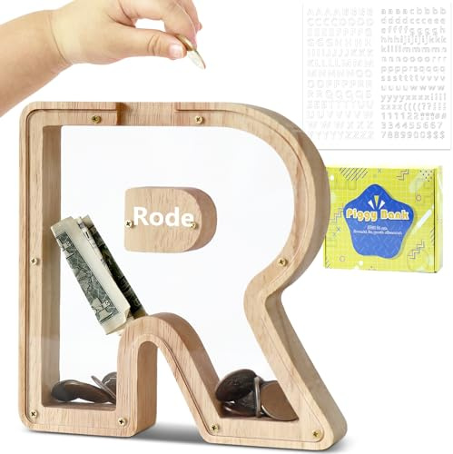 DBPBToU Spardose Kinder Holz Buchstaben Spardose (R) | Personalisiert Sparschwein Kinder，Durchsichtiges, Geburtstag Geschenk/Heimdekoration/Keepsake
