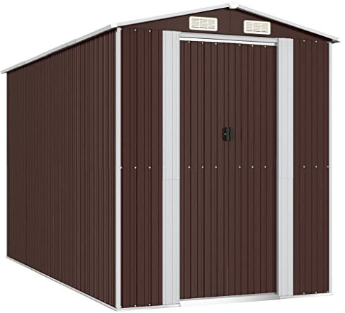 Metall Gerätehaus mit Satteldach, Schiebetür & Luftschlitzen, Verschiedene Größen Geräteschuppen Garten Schuppen Gartenhaus Metallgerätehaus für Rasenmäher Fahrräder, Outdoor, Dunkelbraun