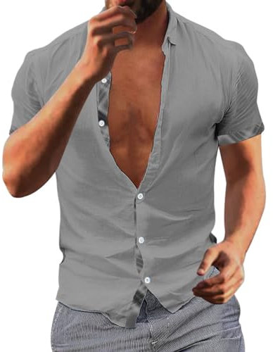 Minetom Chemisette Homme à Carreaux Plage Chemise Manches Courtes Business Slim Fit Carreaux Imprimé DéContracté Tops Lin Blouse avec Poche Poitrine B Gris L