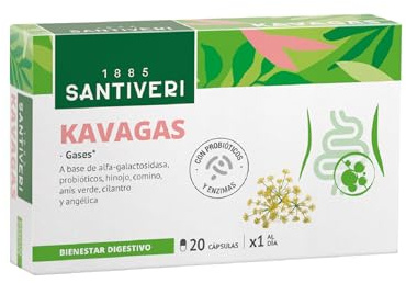 SANTIVERI - Kavagas - Gases e Hinchazón - Probióticos - 20 Cápsulas | Con Alfa-galactosidasa, Hinojo, Comino, Anís Verde, Cilantro y Angélica