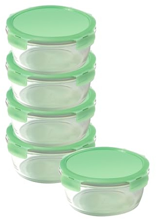 LocknLock Eco Ovenglass Glas-Frischhaltedosen mit Deckel, 5er-Set – luftdichte, auslaufsichere runde Frischhaltedosen mit Deckel aus recyceltem Kunststoff, ofenfest, spülmaschinenfest, 5 x 950 ml