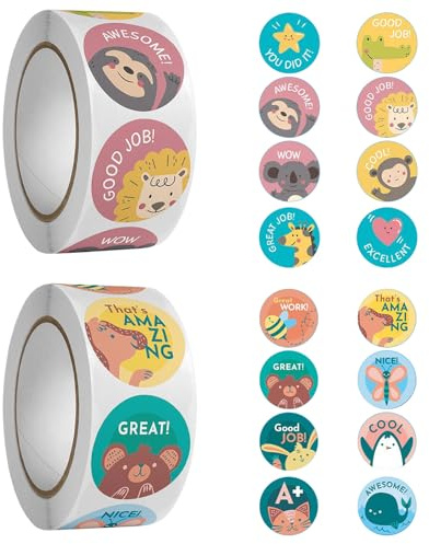 2 Rolle 1000 Stück Motivationsaufkleber für Kinder,Selbstklebende Tier Belohnungsaufkleber, Lehrer Belohnungssticker Lob Belobigung Sticker,Lob Belobigung Sticker für Schule Lehrerbedarf