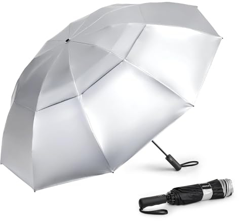 G4Free 152 cm stort UV-paraply för golf kompakt omvänt resesolskydd paraply 10 spröt vindtätt för regn dubbel baldakin automatisk öppning (silver/svart)