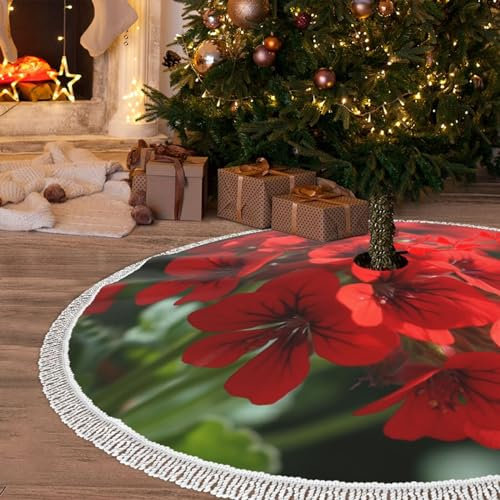 Weihnachtsbaumrock mit Quaste, rote Geranien, 121,9 cm, Weihnachtsbaumröcke, Dekorationsmatte, rustikale Quaste, Weihnachtsbaumabdeckung, Matte, wasserdicht, Weihnachtsbaumrock für Urlaub,