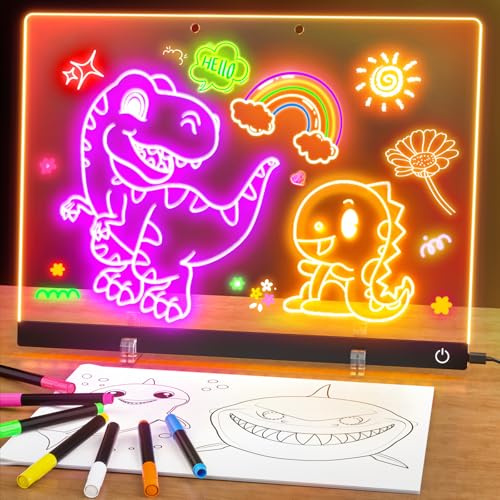 Led Drawing Board for Kids, 13.7X10 6-Color Neon Glow Memo Drawing Tablet, Light-Up Acrylic Dry Erase Board, Lumiboard with Stand, Gift Toys for Kids/Girls/Teens/Grandkids, 7 Markers & Tracing Book