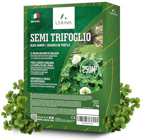 LERAVA Trifoglio Nano semi prato (250 m²) - Non richiede taglio - Semi trifoglio nano per prato verde - Migliora fertilità del suolo e copertura calpestabile - Fioritura bianca per giardini - 1kg