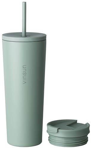 VINSUN Mug Isotherme avec Paille et Couvercle 720ml - Acier Inoxydable, Anti-Fuite, Double Paroi, Boissons Chaudes et Froides - Tasse Isotherme pour Voyage, Voiture, Uni