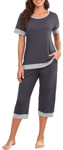 PrinStory Set Pigiama da Donna Camicia a Maniche Corte e Pantaloni Capri Abbigliamento da Notte Set Pjs Set Lounge, Grigio scuro, XL