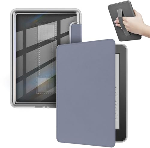 ERUNTO Hülle für 6,8-Zoll Kindle Paperwhite & Signature Edition, Transparenter Acrylrücken, Magnetische Abdeckung mit Handschlaufe, Automatisches Aufwachen/Schlafen(Lila)