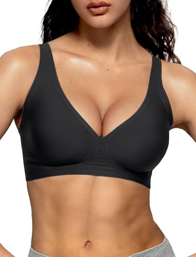 Vertvie gelé trådlösa behåar för kvinnor push-up dopp sömlös t-shirt BH ingen bygel stödjande full täckning bralettes, Svart, 3XL
