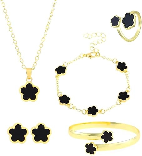 FDEETY Schmuckset Verstellbar Legierung Blumenschmuck mit Ohrringe Halskette Armband Ring Anhänger Party Schmuck Set für Frauen und Mädchen(Schwarz)