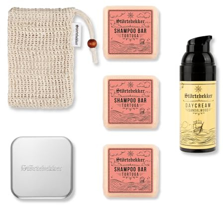 Störtebekker® Premium Dusch Routine Set - Festes Shampoo Tortuga (x3), Sisalsäckchen, Seifendose + Tagescreme - Shampoo Bar Set für Haare, Kopfhaut & Bart - Handgefertigt in Seifenmanufaktur