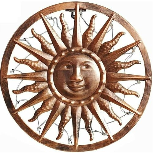 Kiswa collection Solar Powered Sun Wall Art – 40cm Bronze Metal Garden Ornament with 12 LED Lights, Auto On at Dusk, Weatherproof Outdoor Ambiance Decoration