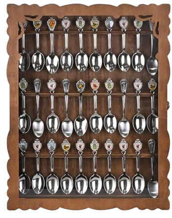 Ikee Design Wooden 30-Souvenir Spoon Display Case Cabinet, Wall-Mounted Tea Spoon Rack with Tempered Glass Suitable for Collection Display, 13.4W x 2.6D x 15.7H in