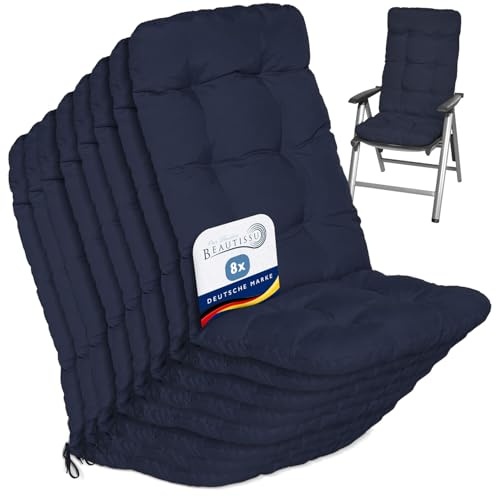 Beautissu 8er Set Hochlehner Auflagen Sitzpolster für Gartenstühle Outdoor | 120x50x8cm Dunkelblau Stuhlkissen Gartenstuhlauflage für Gartenstuhlauflagen Rückenlehne hoch Polster Flair HL