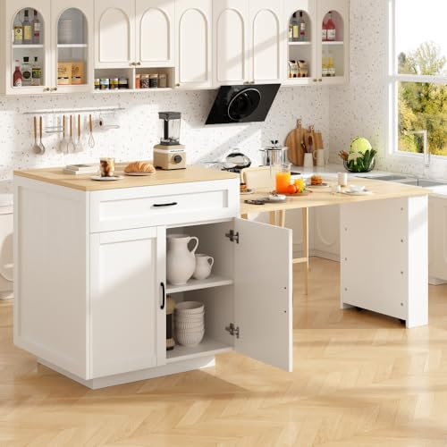 Zubaliya - Mesa extensible con almacenamiento (133-202 × 70 × 93,5 cm), isla para 2 a 6 personas, carrito de cocina con estantes laterales, color blanco