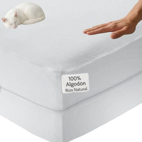 Funda Colchon 180x190 Cremallera - Transpirable, Hipoalergénica, Sin Plástico, Ni Ruidos - Funda Colchon 180x200 Rizo Algodón 100% – Cubre Colchon 180 Ajustable y Lavable. (Cama 180)
