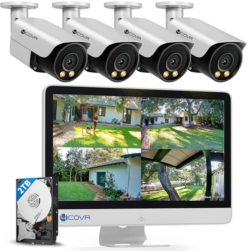 4COVR 4K Überwachungskamera Set mit Monitor, 8CH NVR mit 2TB, DLY37YX8MU804 | 4×8MP PoE Kabelgebundene Bullet IP Kamera IP67 für Zuhause, KI-Personen-/Fahrzeugerkennung, 2-Wege-Audio & Farbnachtsicht