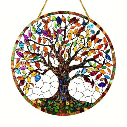 Fensterdeko Hängende Buntglas Deko Baum des Lebens Acryl bemalt Glas Fenster hängen Bunte Exquisite Veranda Home (Coffee, 17cm)