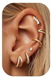 Dochais 6 Paar Ohrringe Damen 14K Gold Plated, Kleine Creolen, Huggie Stecker Ohrringe Set mit Flachen Rückteil 316L Chirurgischen Edelstahl Gold Silber