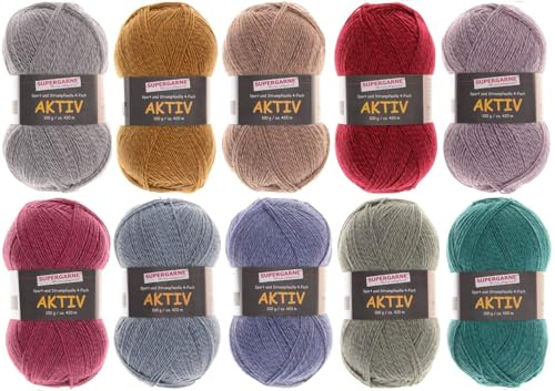 SUPERGARNE Sockenwolle Aktiv 4-fädig – 1000 g (10x100g), Strapazierfähig, Maschinenwaschbar, Made in EU, Ideal für Socken und Strickprojekt (Diamond UNI)