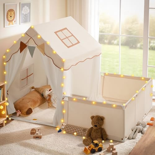 besrey Kids Play Tent with Enclosure, Toddler Tent 2 in 1 with Padded Mat and Lights, Large Playhouse for Kids, Indoor & Outdoor, Christmas Toddler Playhouse, 69 x39 x 53