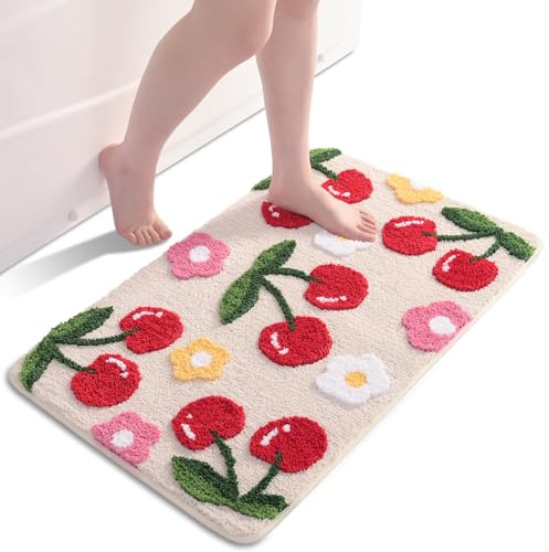 QJHOMO Beige Badezimmerteppich Kirsche Badematte rutschfest Waschbar Badteppich Bunt Badvorleger Weiche Mikrofaser Duschvorleger Absorbierende Badezimmer Teppich 45 x 65 cm