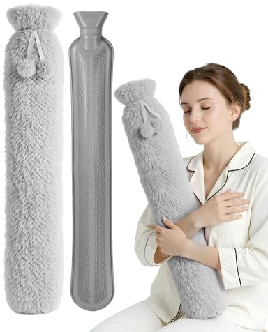 KEPLIN Extra Long 2L Hot Water Bottle with Super Soft Fleece Cover, Durable Natural Rubber, Long Lasting Warmth for Neck, Back & Body, Winter Comfort - Grey