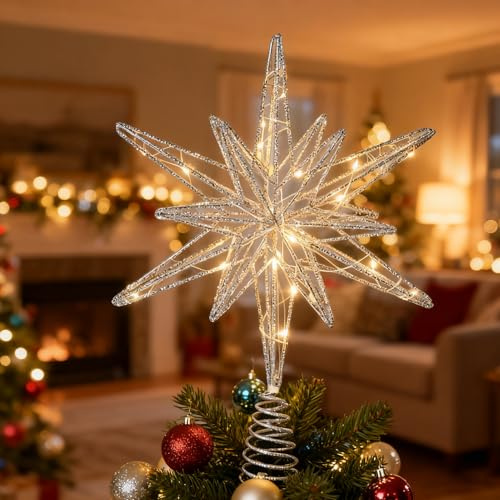 Weihnachtsdeko Gold Weihnachtsbaumspitzen Stern mit LED Warm Weiße Lichter, Weihnachtsstern Beleuchtet Weihnachtsbaum Deko, Weihnachtsdeko Christbaumspitze Sterne für Weihnachtsbaum (C)