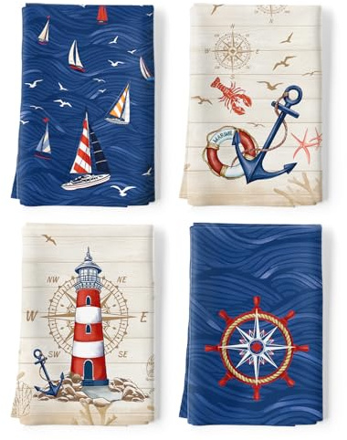 Arquiel Set 4 Strofinacci Cucina, Vela Oceano Blu 100% Cotone Canovacci Senza Pelucchi Asciugamani Durevole Riutilizzabili Panni Cucina Decorazione Regali di Vacanza 48 cm x 70 cm