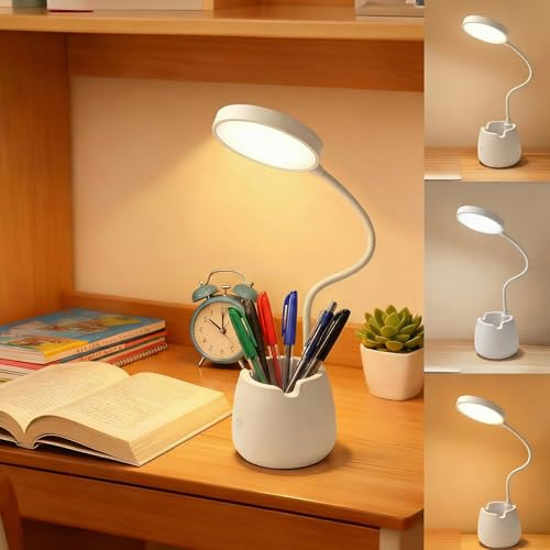 Schreibtischlampe Kinder mit Stifthalter - LED Dimmbare Tischlampe mit USB Touch-Schalter Handy Ständer, 3 Lichtmodi und Dimmbar, Wiederaufladbare Dimmbare Nachttischlampe Schreibtischlampe für Kinder