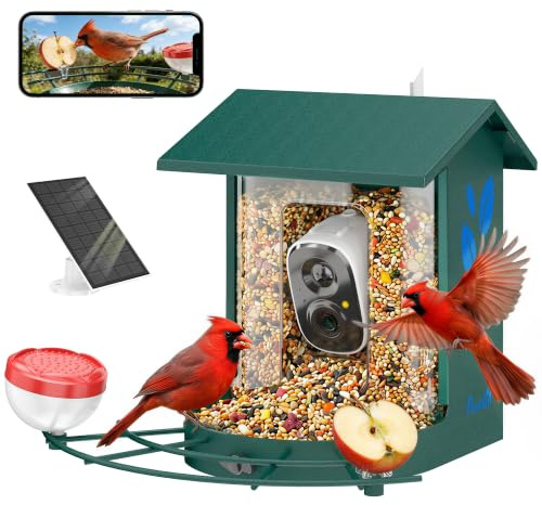 PawHut Vogelfutterhaus mit intelligenter 2K-Kamera 142° – eichhörnchensicheres Stahlgehäuse, Solarpanel – Vogelfutterhaus für den Außenbereich, KI-Identifizierung 16000+, App, SD 32 GB, Garten, grün