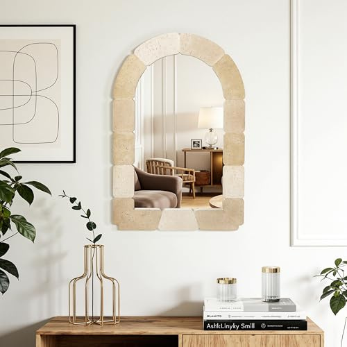 Hometopia Spiegel Bogen für Bad, 80x50 cm Dekorative Wandspiegel | Badspiegel mit Polyresin Rahmen im Travertin-Stil, HD Spiegelglas Dekospiegel, Boho Spiegel für Flur Wohnzimmer Schlafzimmer