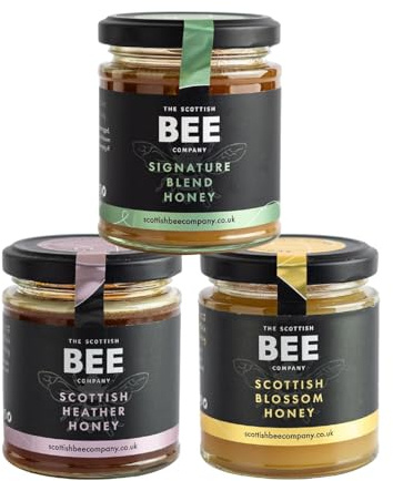 Scottish Honey Gift Set, Heather, Blossom & Signature Honey, 3 x 227g | 100% pure and natural British honey from rare harvests, offering rich flavour in a premium gift selection.