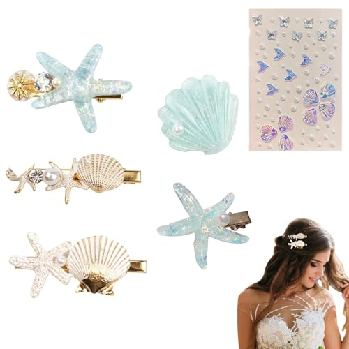 YEDOUALE Meerjungfrau Haarschmuck 6 Set Seestern Haarspange Muschel Haarspangen Gesicht Aufkleber Blau Gold PVC Legierung Accessoire für Damen Party Alltag