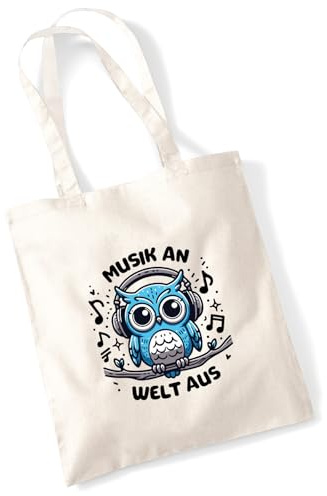 Huuraa Jutebeutel Musik an Welt aus Eule 10 Liter Natural Baumwolle Tasche Geschenkidee