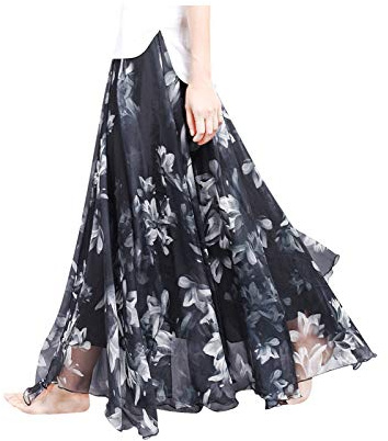 Damen Chiffon Blumen Strandrock Maxirock Langer Rock Gedruckter Chiffonrock Weich Glatt Dünn Cool für Sommer Rocklänge 90cm - Geblümt Schwarz & Weiß #25